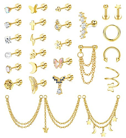 Besteel 27Pcs Flat Back Earrings Hypoallergenic Surgical Steel Stud Earring Stacks Set Dainty Chain Dangle Cartilage Tragus Daith Helix Piercing Jewelry for Women Men Trendy 16G - color: Gold