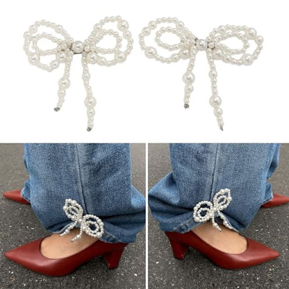 Faux Pearls Bow Pin Ankle Chain Pants Clip Decorations for Jeans Trousers Elegant Adjustable Cuff Accessories