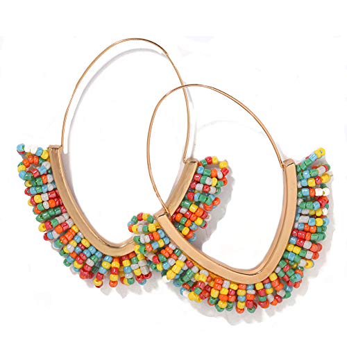V-Shaped Beaded Dangle Earrings - Statement Drop Fringe Earrings, Boho Handmade Tassel Jewelry Gift for Women - color: Colorful