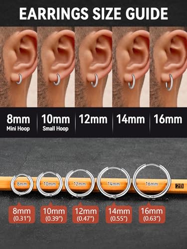 FaithHeart Stainless Steel Black/Silver/Gold Huggie Hoop Earrings for Men | Hypoallergenic Small Hoop Earrings Lightweight Sleeper Earrings Waterproof Cartilage Piercing Jewelry Gift 8-16mm - color: Silver-Round, size: Diameter 8mm