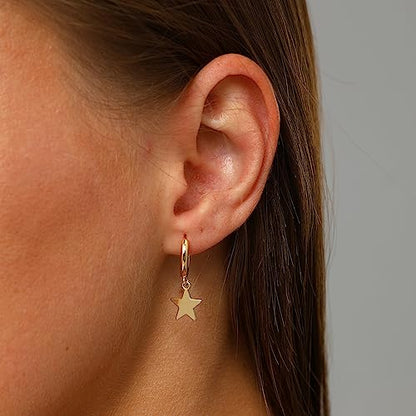 XYJZXY Gold Huggie Small Hoop Earrings with Charm Personalized Snake/Evil Eye/Star/Cross/Lock/Key 18k Gold Plated Crystal Drop Dangle Earrings for Women - style: Star