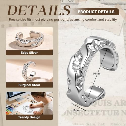 Gothic Clip On Ear Cuff Stainless Steel No Piercing Helix Cartilage | Hypoallergenic,Non Piercing Helix Cartilage,Gold Silver,Fake Earring,Lightweight,Punk Gothic Jewelry Gift Women Men - color: K10-Alt Design Silver
