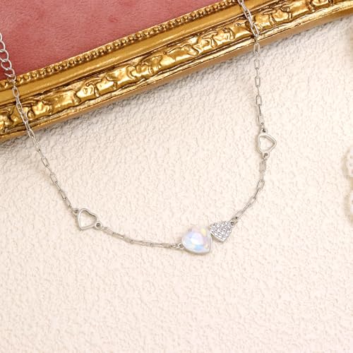 Silver Heart Charm Link Anklet for Women, Adjustable Handmade Cubic Zirconia Stackable Waterproof Summer Beach Chain Anklets Jewelry Accessories Gift - color: Silver Opal Heart