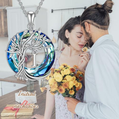 TOUPOP Gifts for Women Tree of Life Initial Necklace 925 Sterling Silver Letter Pendant with Blue Crystal Birthday Jewelry Gifts for Women Her Mom Wife Daughter - color: Tree of Life I Initial