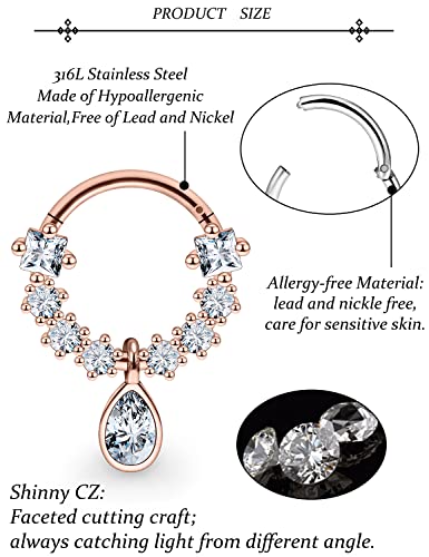 Vsnnsns 16G Septum Rings Piercing Jewelry 316L Stainless Surgical Steel Skull Flower Dangle Clicker Horseshoe Septum Nose Rings Hoop Piercing Jewelry for Women Men Silver Black Rose Gold 10mm - color: Rose Gold Tone