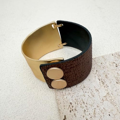 Leather Bracelet for Women Black Leather Golden Bracelet Bangle Chunky Leather Wrap Bracelet for Women Statement Jewelry Gift - style: Leather Bracelet