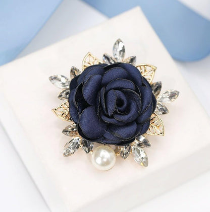 Rose Flower Brooch for Women Large Flower Brooch Elegant Pearl Brooches Handmade Crystal Pearl Pins Fabric Floral Lapel Pin Christmas Valentine's Day Dress Suit Accessories - color: dark blue