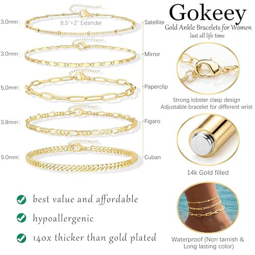 Gokeey Ankle Bracelets for Women Waterproof, 14k Gold Plated Jewelry Set Layered Cuban Figaro Link Chain Anklets Set Gold Anklets Summer Boho Beach Jewelry Gift Adjustable Size - color: Gold