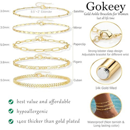Gokeey Ankle Bracelets for Women Waterproof, 14k Gold Plated Jewelry Set Layered Cuban Figaro Link Chain Anklets Set Gold Anklets Summer Boho Beach Jewelry Gift Adjustable Size - color: Gold