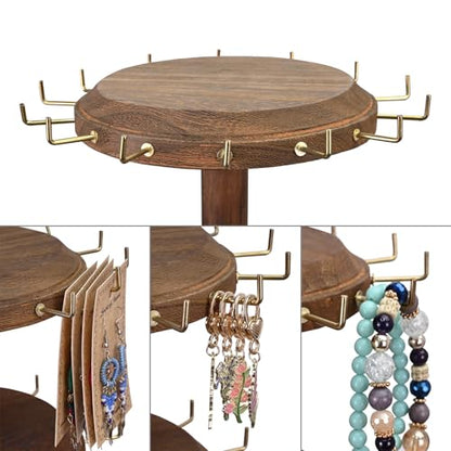 MOOCA 3-Tier Rotating Bracelet Display Stand with 42 Hooks, Jewelry Holder | 3-tier rotating wooden display with 42 hooks keeps bracelets, bangles, watches, and accessories organized and visible. - color: Brown, Round Shape