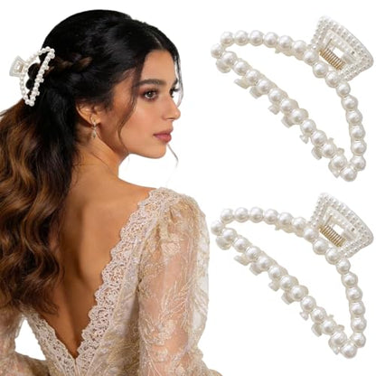 2PCS White Pearl Hair Clips Elegance Pearl Claw Clip Large Non-Slip Hair Claws for Women Girls Strong Hold Jaw Clip for Thick and Thin Hair