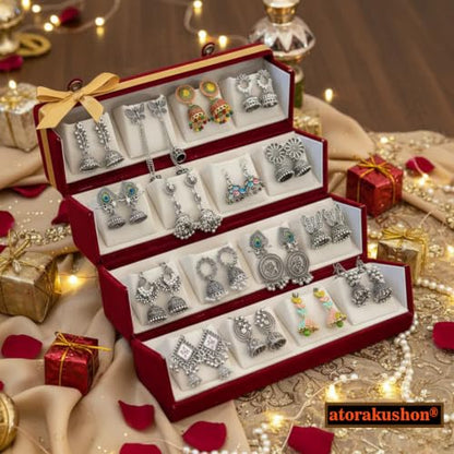 atorakushon Cream Velvet Folding jewellery Vanity Box Make-Up pouch Multipurpose 16 pair Earrings With Free Ring Box Organizer - style: Combo Jhumka Earring & Ring Organiser Set Cream