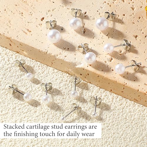 6 Pairs Pearl Earrings Studs, Stainless Steel Studs 3-8mm Pearl Stud for Women Adult Birthday Valentine's Day Women's Jewelry Gifts