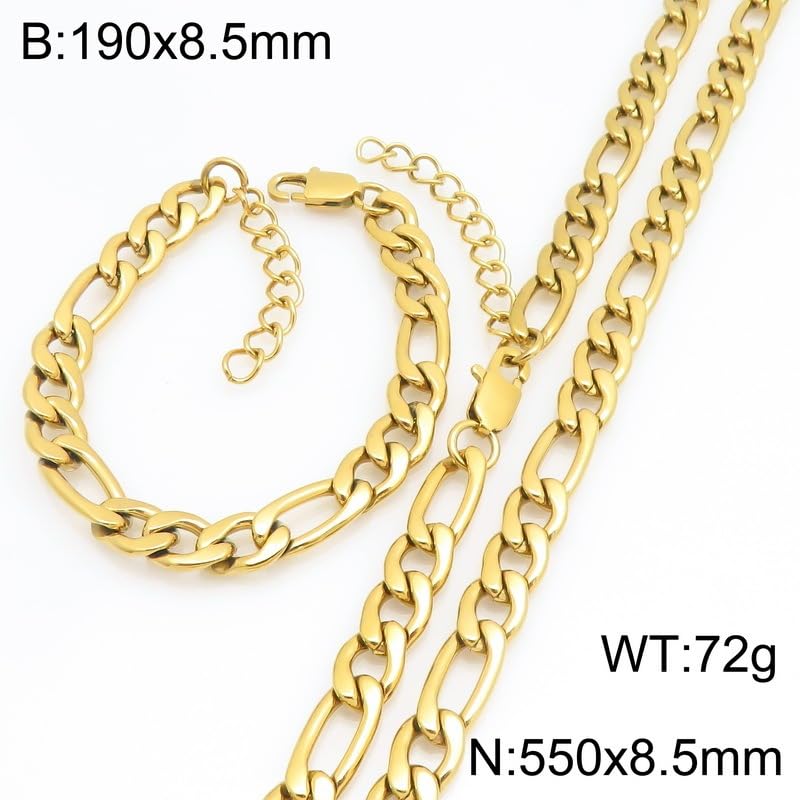 Kemstone Stainless Steel Figaro Cuban Bracelet Necklace Set for Men Women Jewelry - color: Gold 08