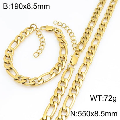 Kemstone Stainless Steel Figaro Cuban Bracelet Necklace Set for Men Women Jewelry - color: Gold 08