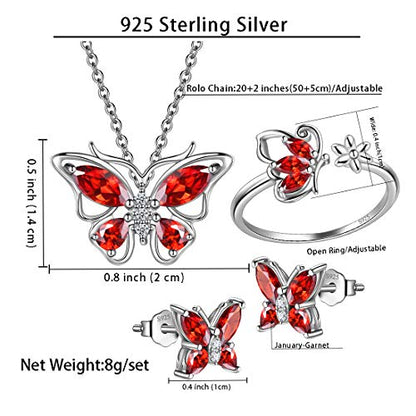 925 Sterling Silver Birthstone Butterfly Jewelry Women Crystal Animal Cute Butterflies Birthday Necklace/Earring/Ring/Bracelet Sets Birth Stone Statement Anniversary Jewellery - color: 2-A.January-Garnet