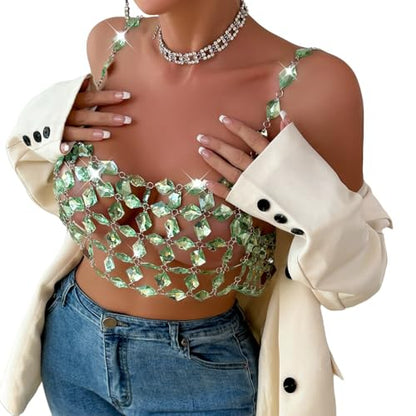 Rhinestones Body Chain Suit Silver Crystal Bikini Bra Underwear Sexy Sparkly Party Body Jewelry Accessories for Women - color: Green