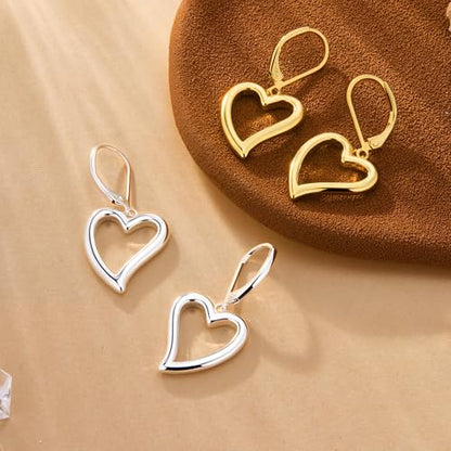 14K Gold Plated 925 Sterling Silver Openwork Love Heart Dangle Earrings, Leverback Huggie Hoop Hypoallergenic Trendy Earrings for Women - color: 925 Silver