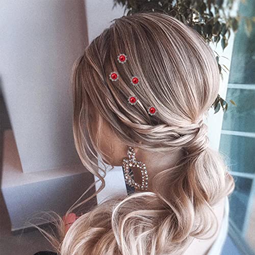 QIUTIMIY 20 Pack (Red) Pearl Crystal Hair Pins Flower Rhinestone Hair Clips for Bridal Wedding Women Hair Jewelry Accessories, with Clear Container - color: Pearl Flower-Red