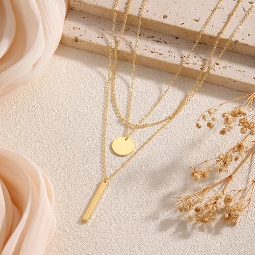 Gold Necklace for Women 14K Gold Plated Layered Cross Bar Necklace Herringbone Figaro Paperclip Flat Chain Cute Charm Accessories Non Tarnish Jewelry Set Gifts for Women - style: R-NK-07-Disc bar-GD