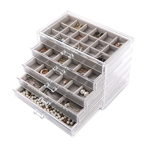 Acrylic Jewelry Box for Earrings,Jewelry Organizer with 5 Drawers | 61 Jewelry Storage Grid for Rings Studs Bracelet,Velvet Lining,Transparent Appearance,Dustproof,Jewelry Holder for Women - color: Grey