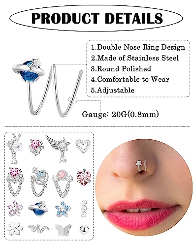 Akeoqi 16PCS Double Nose Ring Hoop For Single Piercing Stainless Steel Dangle Spiral Nose Rings Snake Flower Butterfly Planet Angel Wings Heart Ball Twist Earring Hoops Body Piercing Jewelry For Women - color: A: Silver