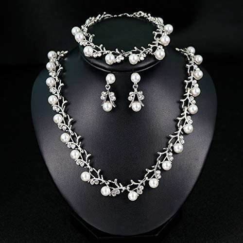 tenghong2021 Fashion Classic Faux Pearl Jewelry Set Necklace Bracelet Earrings for Women Best Gift - color: Silver Leaf