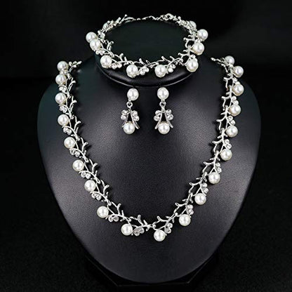 tenghong2021 Fashion Classic Faux Pearl Jewelry Set Necklace Bracelet Earrings for Women Best Gift - color: Silver Leaf