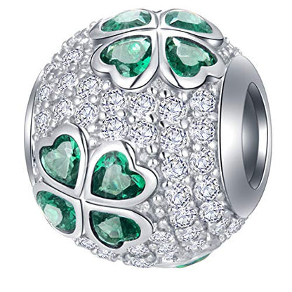 GEMDAZZ 925 Sterling Silver Valentines Day Charms Heart Charms, I Love You to The Moon and Back Pendant, Cupid Arrow and 4 Leaf Clover Beads fit European Bracelets, Gift for Lover/Wife/Girls - color: Lucky Green 4 Leaf Clover Charm
