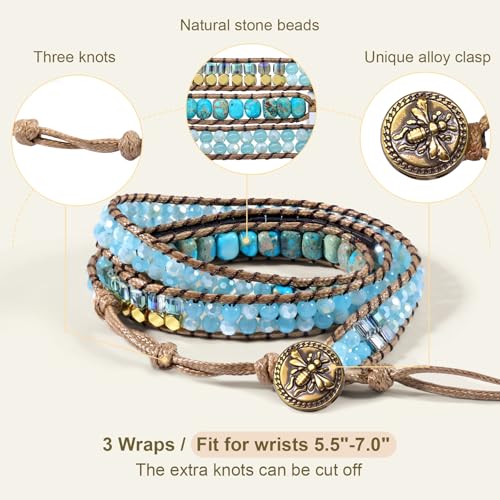 JR.DM Boho Beaded Bracelets for Women - Handmade Adjustable Crystal Natural Stone Bead Wrap Bracelets, Bohemian Jewelry Braided for Unique Birthday Gifts - color: A5 Turquoise