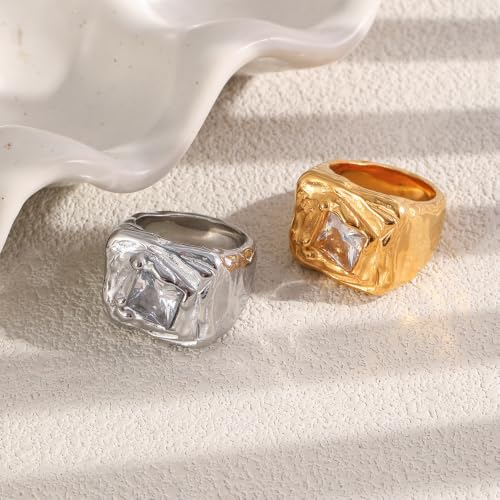 Fashion Square CZ Chunky Statement Ring for Women Size 7 | Stainless Steel, Hammered Textured, Rough, Geometric Crystal, Wide Stacking, Wedding Engagement Eternity Band, Dainty Jewelry - color: Gold