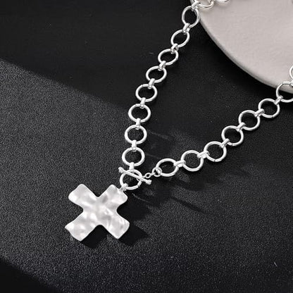 CHESKY 14K Gold Plated Chunky Necklace for Women, Trendy Toggle Clasp | Statement Pendant Necklace, Layered Paperclip Chain, Toggle Clasp Design, Thick Gold Chain, Non Tarnish Everyday Jewelry - color: silver, style: cross