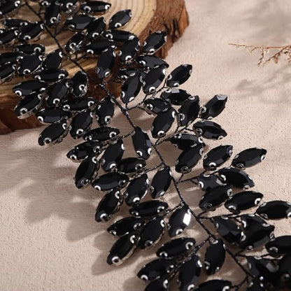 Missgrace Women Silver Green Black Red Blue Handmade Full Crystal Rhinestone Large Headband Hair Vine Shinny Headpiece Bridal Wedding Hair Accessories for Women (Black) - color: Black