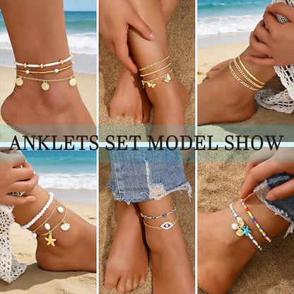 21PCS Gold Ankle Bracelets for Women, Boho Shell Bead Cuban Link Chain Waterproof Gold Anklets Set, Adjustable Layered Anklets for Women Beach Jewelry Gift - color: Gold