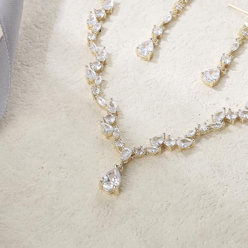 EVER FAITH Pear Shaped Cubic Zirconia Bridal Wedding Jewelry Set for Women | Gorgeous Water Drop Bride Necklace Dangle Earrings, for Bride Bridesmaid - color: Gold Plated