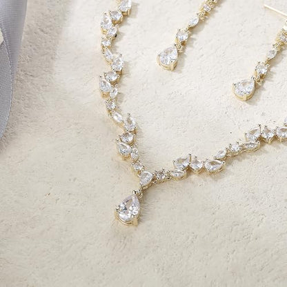 EVER FAITH Pear Shaped Cubic Zirconia Bridal Wedding Jewelry Set for Women | Gorgeous Water Drop Bride Necklace Dangle Earrings, for Bride Bridesmaid - color: Gold Plated