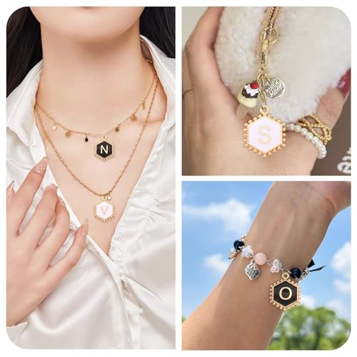 Cheriswelry Letter Alphabet Charm for Jewelry Making Initial Letter A-Z Pendants Flat Round Hexagon Alloy Enamel Charms for Necklace Bracelet Earring Jewelry Making DIY Craft - color: Black&White