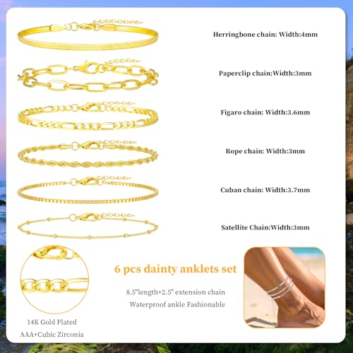 12Pcs Ankle Bracelets for Women Layered Waterproof, Gold/Silver Cuban Link Chain Anklets Set, Adjustable Plus Size Summer Jewelry Gift