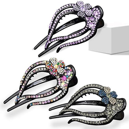 4PCS Heart Style Ponytail Duckbill Clips with Headdresses for Women, Flower Rhinestone Barrettes Sparkly Prom Diamond Hair Clips (Plum Blossom) - color: Plum Blossom