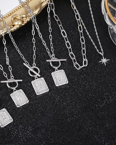 MJartoria Layered Initial Necklaces for Women | 14K Gold Plated Brass, Star Choker, Square Letter Pendant, Paperclip Chain - color: Silver, style: A.