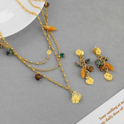 Bohemian Triple Layered Necklace fo r Women, 18K Gold Plated Brass Multi-Strand Choker with Flower Charm & Mixed Natural Stones, Dalmatian Jasper Turquoise Tiger Eye Pendant, Summer Beach Jewelry Gift