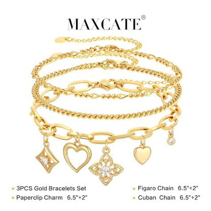 3PCS Charm Gold Bracelets for Women Non Tarnish,14k Plated Gold Bracelet Stack Cute Dainty Stackable Trendy Bow Cross Clover Bracelets Set Tarnish Free Gold Jewelry for Women Gifts - color: Clover&Heart-Gold