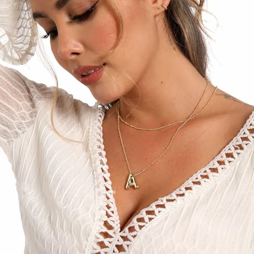 stino 4PCs Bubble Initial Letter Necklace Set, No Tarnish 14K Gold Plated Alphabet Pendant, Jewelry for Women - style: C