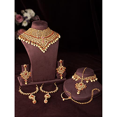 Aheli Bollywood Style Indian Bridal Choker Necklace Matha Patti Nose Ring Haath Phool Wedding Fashion Bharatanatyam jewellery set for Women - color: Champagne-Red