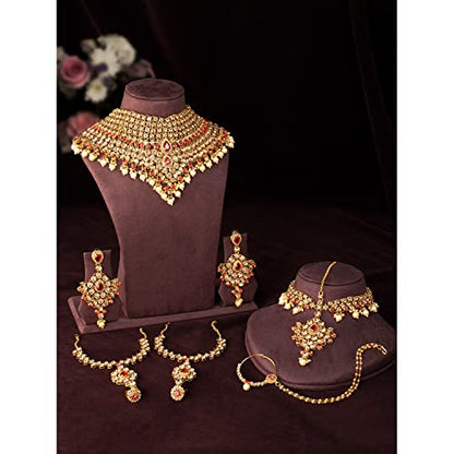 Aheli Bollywood Style Indian Bridal Choker Necklace Matha Patti Nose Ring Haath Phool Wedding Fashion Bharatanatyam jewellery set for Women - color: Champagne-Red