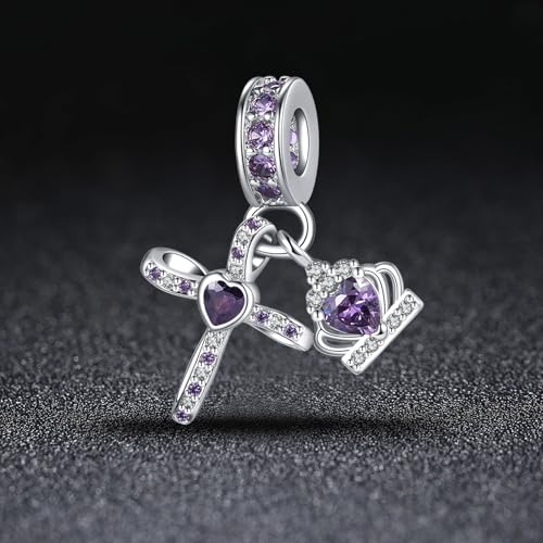 Silver Cross Birthstones Charm Fit for Pandora Charms Bracelet Crown Dangle Charms Beads Birthday Jewelry Gifts for Women - style: February