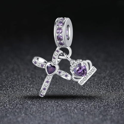 Silver Cross Birthstones Charm Fit for Pandora Charms Bracelet Crown Dangle Charms Beads Birthday Jewelry Gifts for Women - style: February
