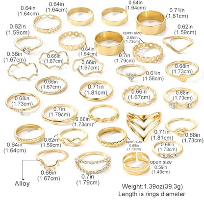 Golden Knuckle Rings Set for Women, 14k Golden Plated Open Stacking Knuckle Midi Rings Dainty Cubic Zirconia Crystal Simple Hollow Cute Rings Pack Jewelry Gifte - color: Golden 30PCS