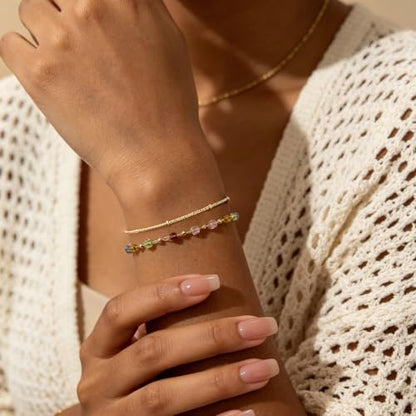 Gold Bracelets for Women Dainty 14K Gold Plated Layered Chain Bracelets Turquoise Green Aventurine Crystal Beaded Bracelets for Women - color: Colorful Crystal