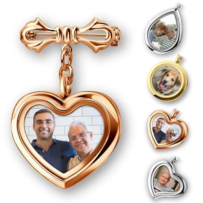 Personalized Photo Wedding Bouquet Charm, Double Sided Round Glass Photo Locket Pendant Pin Brooch, Handmade Memorial Picture Frame Bridal Shower Gift For Bride & Groom - color: Heart - Rose Gold